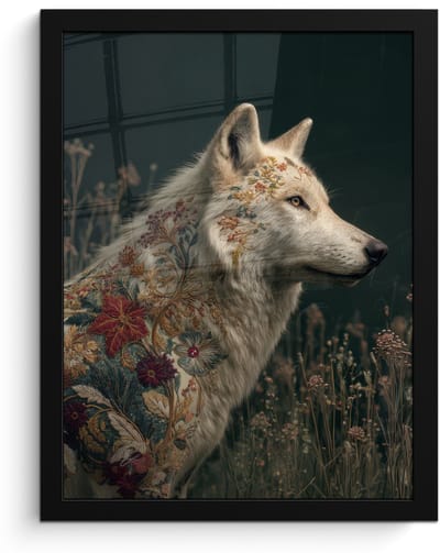 Poster in lijst - Fotolijst 30x40 cm - Posters - Wolf - Bloemen - Natuur - Posterlijst zwart - Decoratie - Wanddecoratie woonkamer - Muurdecoratie slaapkamer