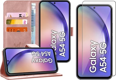 Hoesje geschikt voor Samsung Galaxy A54 - Screen Protector GlassGuard - Book Case Kunstleer Pasjeshouder Roségoud & Screenprotector
