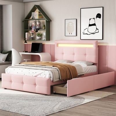 Sweiko Kinderbed 90x200cm zacht kussen bed met LED verlichting, 2 lades, huidvriendelijk linnen zacht kussen plat eenpersoonsbed, kinderbed, jeugdbed, gastenbed (Roze)