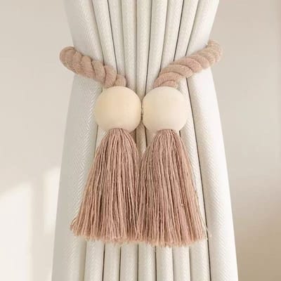 Embrasses de rideaux magnétiques en bois massif tissé à la main, style bohème, idéales pour le salon, la chambre à coucher, la décoration de la maison beige