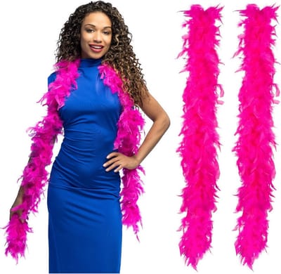 Boland Carnaval verkleed boa met veren - 2x - fuchsia roze - 180 cm - 50 gram - Glitter and Glamour - verkleed accessoires