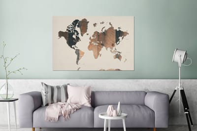 Aluminium schilderij 120x80 cm - Wanddecoratie metaal - Wereldkaart - Houten - Beige - Metalen muurdecoratie woonkamer - Decoratie industrieel - Foto op dibond - Industriële accessoires slaapkamer