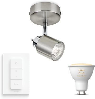 Philips Hue Meranti Opbouwspot (Mat Chroom) - Warm tot Koelwit Licht - Incl. Hue Dimmer Switch - Wandspot of Plafondspot met 1 Lichtpunt - GU10 - Hue White Ambiance