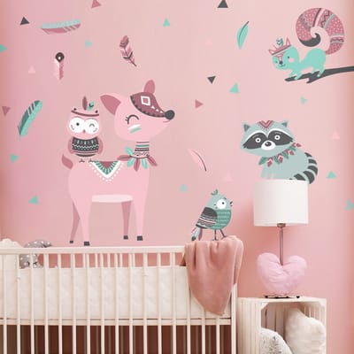 Muurstickers - Dieren en Indiase veren - Zelfklevende stickers - 105x80cm