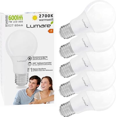 Lumare LED Lamp 7W A60 Drop Shape | Socket E27 LED Warm Wit 2700K Lamp | 600 Lumen Gloeilamp | Vervangt 60W Lampen | Licht Stralingshoek 270° | Set van 5 [Energie Klasse F]