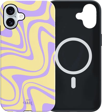 xoxo Wildhearts siliconen hoesje geschikt voor iPhone 16 MagSafe hoesje - Sunny Side Up - Double Layer - Magnetisch telefoonhoesje - Magneet case - Backcover met dubbele beschermlaag - Golvenprint - Golvend patroon - golven - Geel / Paars