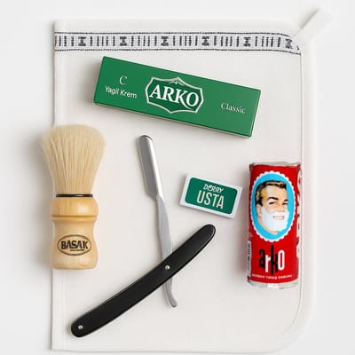Klassiek Turks scheerpakket - (scheerstaaf, scheerkwast,  klapmes, scheermes en Arko crème)