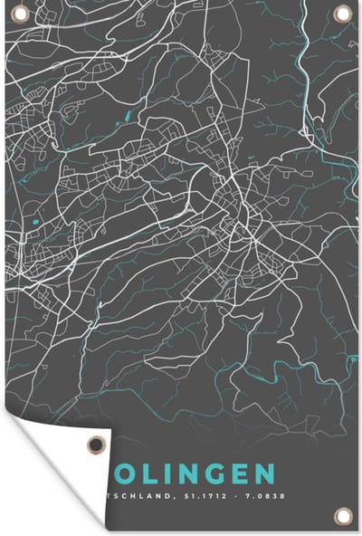 Muurdecoratie Plattegrond – Solingen – Blauw – Stadskaart – Kaart - Duitsland - 120x180 cm - Tuinposter - Tuindoek