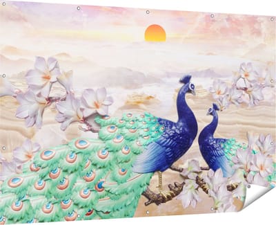 Gards Tuinposter Twee Pauwen bij Elkaar met Bloemen - Liefde - 180x120 cm - Tuindoek - Tuindecoratie - Wanddecoratie buiten - Tuinschilderij