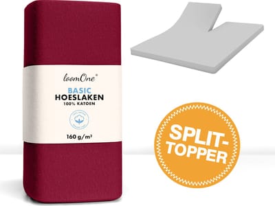 Loom One Hoeslaken Splittopper – 100% Jersey Katoen – 180x200 cm – tot 12cm matrasdikte– 160 g/m² – Wijnrood