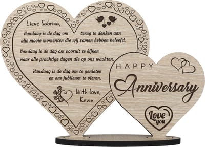 Jubileum - gepersonaliseerde houten wenskaart - kaart van hout - … jaar getrouwd - luxe uitvoering met eigen tekst