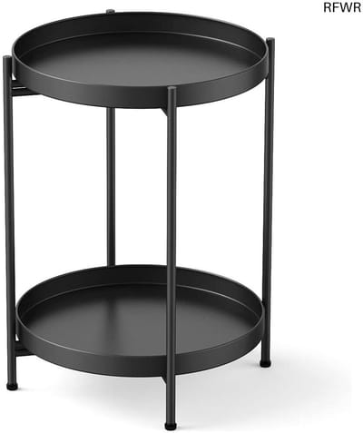 RFWR® Metalen bijzettafel rond zwart met afneembare tablet 40 cm diameter, salontafel nachtkastje voor woonkamer en slaapkamer