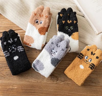 Warme Sokken dames 3 paar - fluffy sokken - huissokken - print kat met ogen - bruin / zwart / grijs / wit - 36-40 - mix - winter sokken - dikke sokken