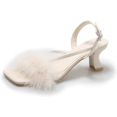Mode Pluizige Veer Sandalen Vrouw Vierkante Neus Gespsluiting Stiletto DamesDesign Fuzzy Hoge Hak Feestschoenen 39 crème