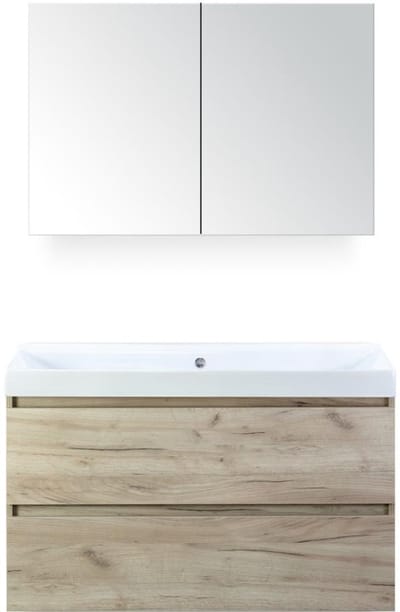 Maxx XL Badmeubelset 100 cm - Craft Oak - Wastafel Just Zonder Kraangat met Spiegelkast