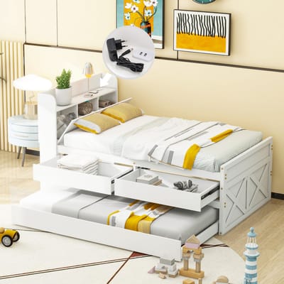 Eenpersoonsbed 90x190 cm - met uitschuifbaar bed - lades - opbergruimte en USB-aansluiting - wit - zonder matras
