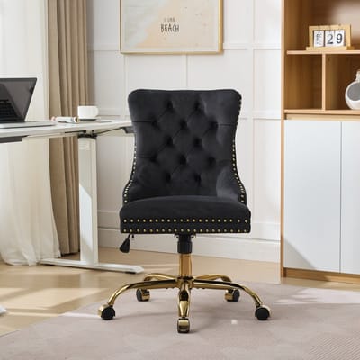 Bureaustoel - Kantoorstoel - Velvet Stoel-Thuiswerk Stoel – Gecapitonneerd – Gouden Poten – Verstelbaar - Draaibaar - Kantoor - 63x50x98cm - 1 Stuk - Zwart
