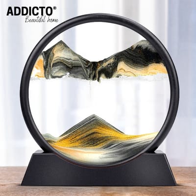 Bewegende Zandkunst in Glas – Luxe Woondecoratie – Zandloper – Inclusief Syringe – Dynamisch – Ontspannen en relaxen – Thuis of kantoor – Desktop en Bureau – Duurzame - Decoratie – Volwassenen en Kinderen – Kleur: Zwart/Grijs – Afmeting: 19 x 19 cm