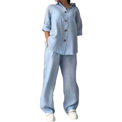 2 Stuks/Set Dames Blouse Broek Set Plus Size Revers Lange Mouwen Top Wijde Pijpen Losse Dunne Elastische Taille Broek Casual Homewear Uit M