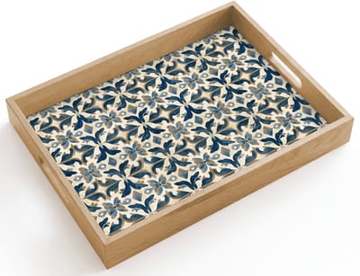 Dienblad hout 40x30 cm - Schootdienblad - Tegel - Patroon - Blauw - Beige - Borrelplank rechthoek - Plateau dienbladen