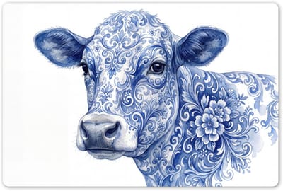 Placemats 45x30 cm - Placemat kunststof - 1 stuk - Illustratie - Koe - Blauw - Borden onderleggers - Decoratie voor op tafel - Keuken tafeldecoratie accessoires - Vinyl onderlegger - Tafelversiering