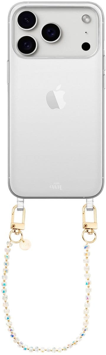 xoxo Wildhearts siliconen hoesje geschikt voor iPhone 17 Pro Max hoesje - Crystal (Transparant) - Telefoonhoesje - Hoesje met koord - Kristal ketting - Kristallen met gouden details - kort telefoonkoord - Transparant hoesje