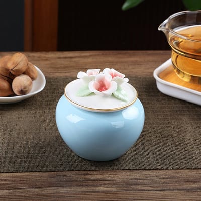 Prachtig bloemenarrangement-Urn Hond Kat Vogel – Urne – Keramiek – Urnen – Urn Voor Dieren – Urn Hond Overleden – Urn Kat – 180 ML –Blauw -Belle's product
