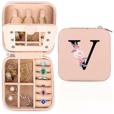 Dailygoods - Sieradendoosje voor op reis, sieraden-reisetuir voor dames, gepersonaliseerd sieradenkistje van A tot Z, kleine sieradenorganizer met spiegel, cadeau voor vrouwenverjaardag, cadeau voor