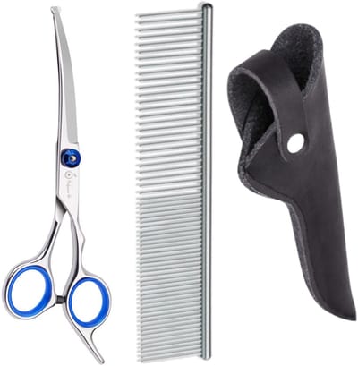 Professionele Hondenschaar – Ergonomische Kromme Trimschaar Links – Blauw – Voor Vacht- & Pootverzorging van Langharige Honden met Luxe Lederen Etui – 16,5 cm – Zwart + Anti-Klit Kam – Pijnloos & Huisdiervriendelijk