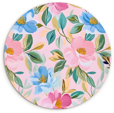 WallCircle® Wandcirkel 120x120 cm - Muurcirkel Blauw - Roze - Bloemen - Muurdecoratie woonkamer - Wanddecoratie slaapkamer - Kamer decoratie accessoires - Ronde schilderijen XXL
