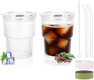 Dailygoods- Glazen Bekers 400 ml - Glazen Beker met Deksel/Rietje - Set van 2 - Borosilicaatglas - Transparant - Schokbestendig - Drinkbeker