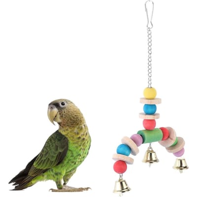 Huisdier Vogel Papegaai Kooi Decoratie Houten Schommel Hangend Speelgoed met Kleurrijke Kralen en Haak beige