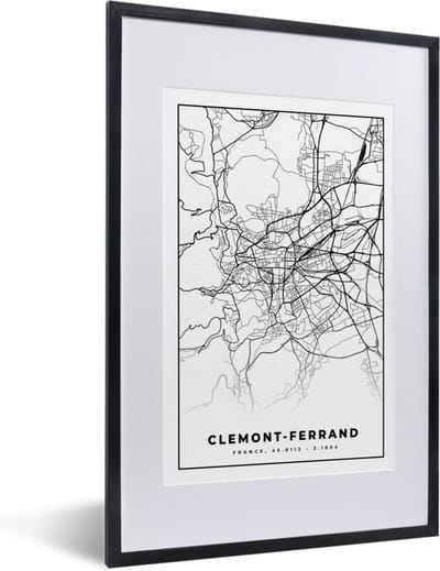 Fotolijst incl. Poster Zwart Wit- Clermont-Ferrand - Frankrijk - Kaart - Plattegrond - Stadskaart - Zwart wit - 40x60 cm - Posterlijst