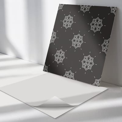 Wallfluent Vinyl Tegels - Bloemenpatroon op de Achtergrond Vloer Tegels PVC - 30 cm x 30 cm - Zwart PVC Tegels - Set van 9 - Vierkant PVC Tegels - Patroon Plaktegels - Zelfklevende PVC Tegels - Plaktegels Keuken en Badkamer