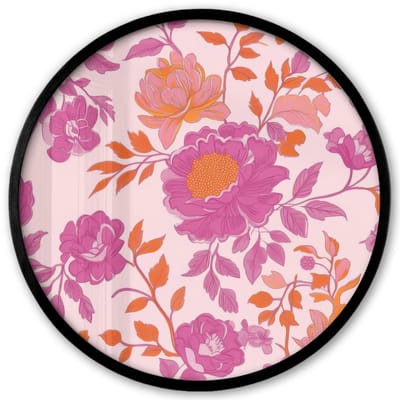 Poster in lijst Rond - Fotolijst 40x40 cm - Posters - Bloemenpatroon - Roze - Oranje - Bloemen - Ronde posterlijst zwart - Decoratie - Wanddecoratie woonkamer - Muurdecoratie slaapkamer