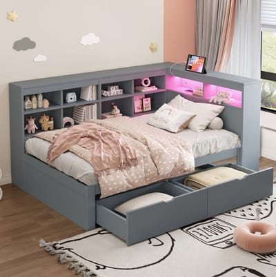 MEUNIQ slaapbank 90x200 cm met opbergruimte, lades, planken, USB-aansluiting en LED-verlichting, houten eenpersoonsbed voor slaapkamer, grijs