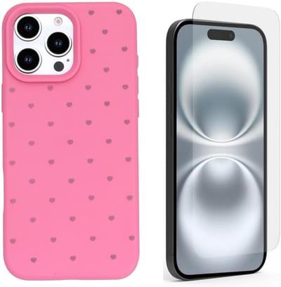 Hoesje en Glas Geschikt voor iPhone 15 Pro - Neon Roze - Casemania Stevige Siliconen Back Cover met Hartjes Print - 1x Glazen Screenprotector