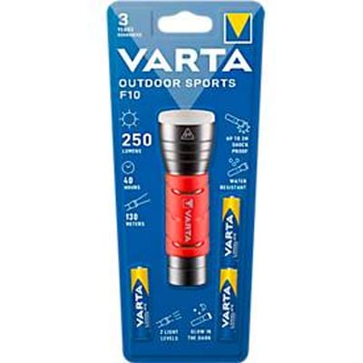 Zaklamp VARTA Buitensport F10, 250 lm, tot 130 m, tot 40 uur, IPX4, 2 lichtstanden, verduisterend, incl. batterijen, Ø 40 x L 122 mm, rood-zwart