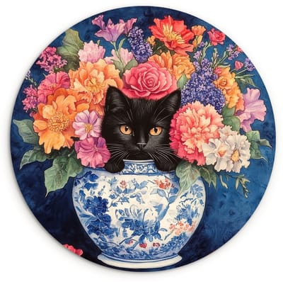 WallCircle® Wandcirkel 120x120 cm - Muurcirkel Kat - Felgekleurde bloemen - Vaas - Muurdecoratie woonkamer - Wanddecoratie slaapkamer - Kamer decoratie accessoires - Ronde schilderijen XXL