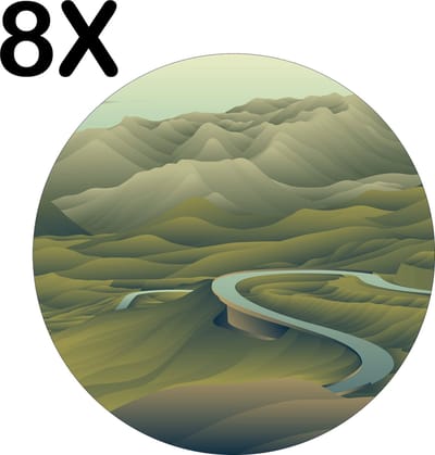 Luxe Ronde Placemat - Getekende Lange Kronkelende Weg door Bergen - Set van 8 Placemats - 50x50 cm - 2 mm dik Vinyl - Anti Slip - Afneembaar
