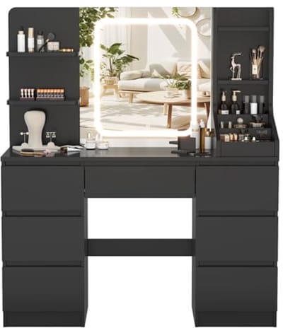 Moderne Kaptafel met LED Spiegel en Verlichting, 4 Planken en 7 Laden