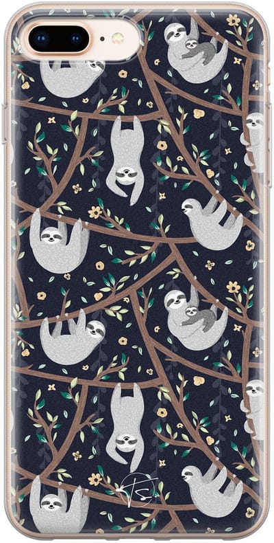 Hoesje geschikt voor iPhone 8 Plus - Luiaard - Soft Case - TPU - Print - Zwart - Mooie Telefoonhoesjes