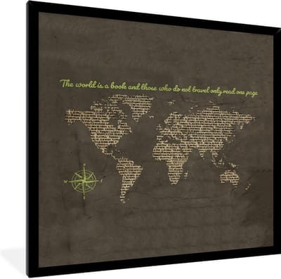 Fotolijst incl. Poster - Wereldkaart - Krant - Groen - 40x40 cm - Posterlijst