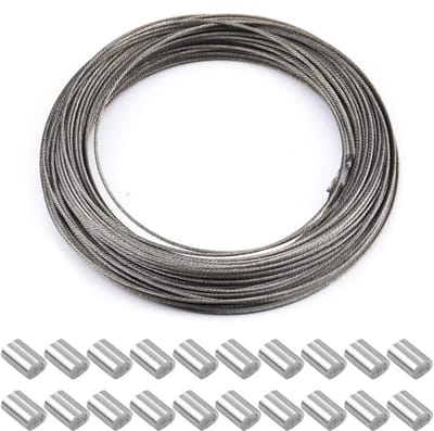 Multifunctioneel roestvrijstalen staalkabel van 30 m x 1,5 mm met 20 aluminium krimpkappen voor foto’s, gordijnen en kledinglijn
