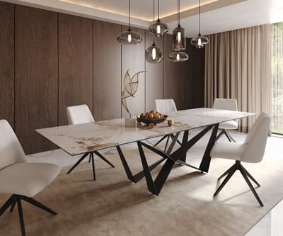 Eetkamertafel Edge keramiek Minas Melange wit-beige 300x100 spider vlak staal zwart