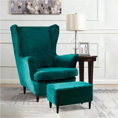 SnelShoppen - 3-delige Retro Oorfauteuil met Kruk en Verlengde Katoenen Armleuningen, Stofbestendig, Wasbare Vleugelstoelhoes, Groene Fauteuil voor Wo
