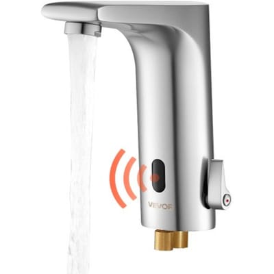 VEVOR Aanraakloze wastafelkraan (L-vormig) Automatische wastafelkraan voor de badkamer, handsfree verstelbare mengkraan met één hendel, kraan op batterijen, geborsteld nikkelzilver