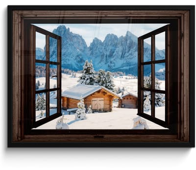 Poster in lijst - Fotolijst 70x50 cm - Posters - Doorkijk - Winter - Landschap - Huisje - Bergen - Posterlijst zwart - Decoratie - Wanddecoratie woonkamer - Muurdecoratie slaapkamer