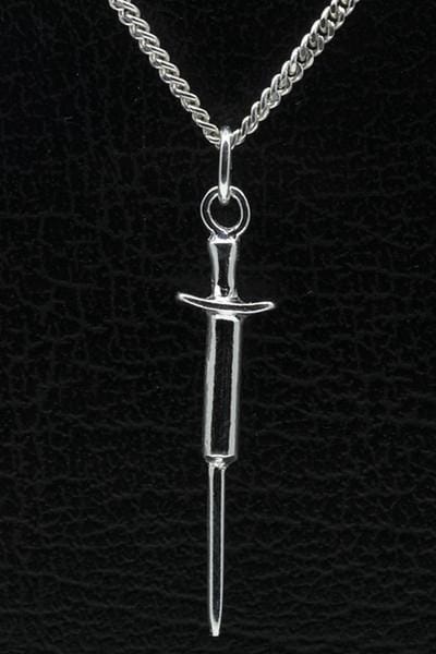 Zilveren Injectiespuit ketting hanger - groot