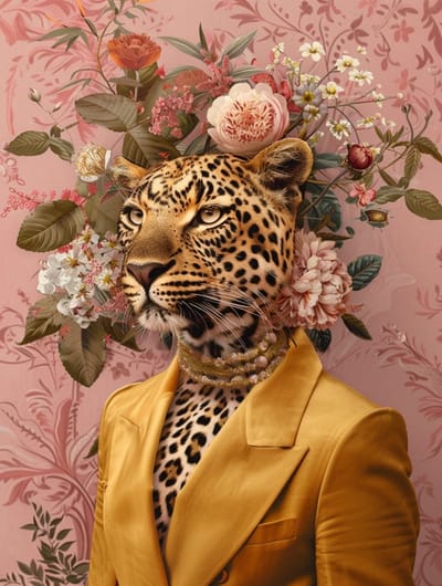 Betaalbare Goederen® Glasschilderij - 80x120cm - Panter In Pak En Bloemen - Canvas Schilderijen Woonkamer - Schilderijen - Schilderijen Woonkamer